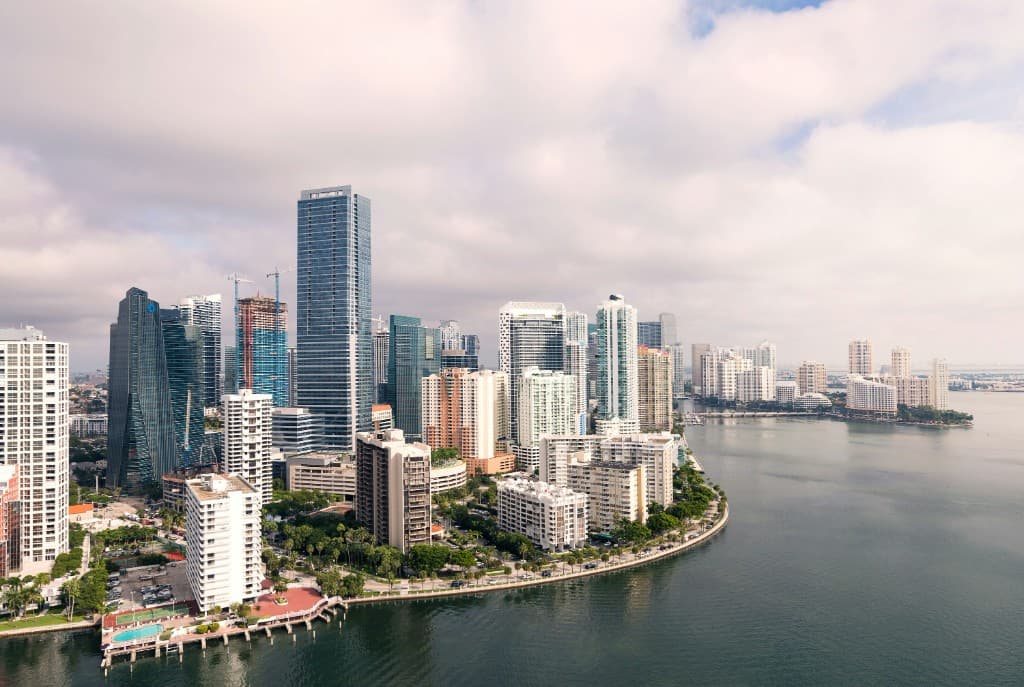Aerial view of high-rise buildings along Miami’s Brickell waterfront